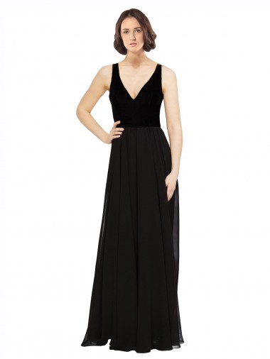 Stretch Velvet and Chiffon Prom Dress with V-Neckline UK Clearance