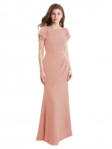 Cap Sleeves Long Chiffon Prom Dress with Low V-Back UK Clearance