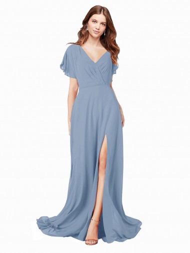 Chiffon Prom Dress with Flutter Sleeves and Front Slit UK Clearance