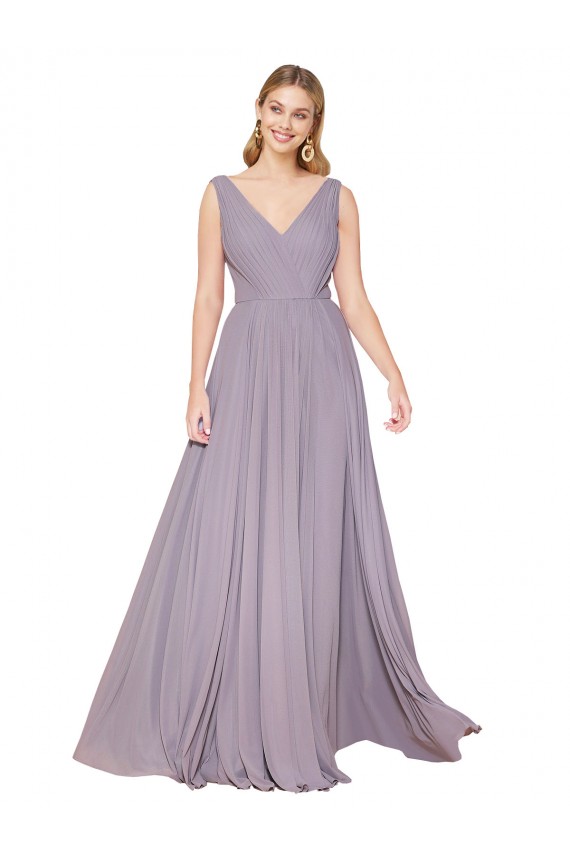 Draped Floor Length High Neck V-Back Chiffon Prom Dress with Shirred Bodice UK Clearance