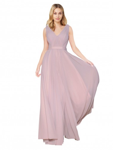 Draped V-Neck Long Chiffon Prom Dress with Shirred Bodice UK Clearance