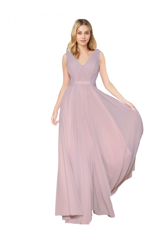 Draped V-Neck Long Chiffon Prom Dress with Shirred Bodice UK Clearance