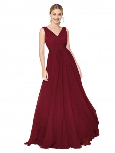 Draped A-Line V-Neck Floor Length Chiffon Prom Dress UK Clearance