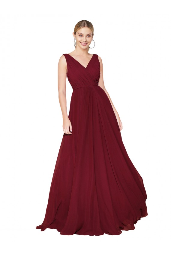 Draped A-Line V-Neck Floor Length Chiffon Prom Dress UK Clearance