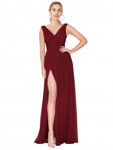 Draped Mermaid Long V-Neck Chiffon Prom Dress with High Slit UK Clearance