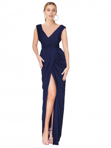 Draped V-Neck Long Chiffon Prom Dress with Front Slit UK Clearance