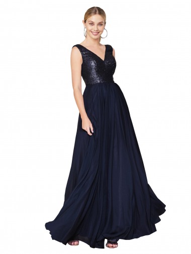 High Neck V-Neck Long Chiffon Prom Dress with Sequin Top UK Clearance