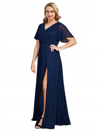 Chiffon V-Neck Short Sleeves Long Prom Dress with High Slit UK Clearance