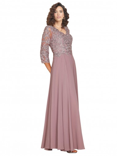 Hand-Beaded Bodice V-Neckline Long Sleeves Chiffon Prom Dress UK Clearance