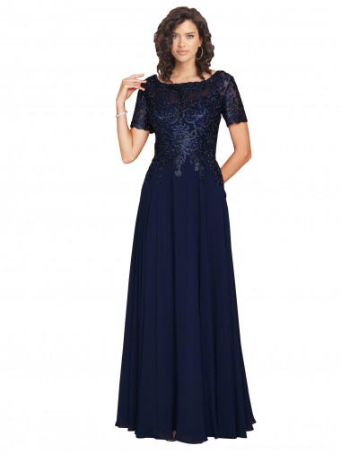 Short Sleeves A-Line Long Chiffon Prom Dress with Beaded Bodice UK Clearance