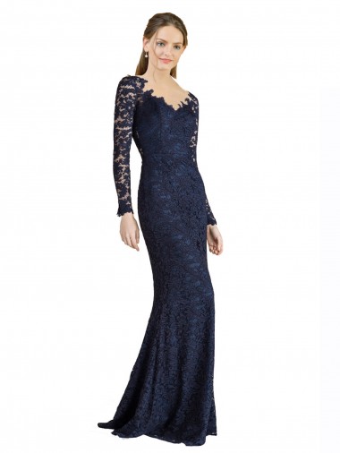 Illusion Long Sleeves Lace Prom Dress with Sheer Keyhole Back UK Clearance