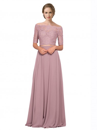 Off the Shoulder Lace Crop Top A-Line Chiffon Prom Dress UK Clearance