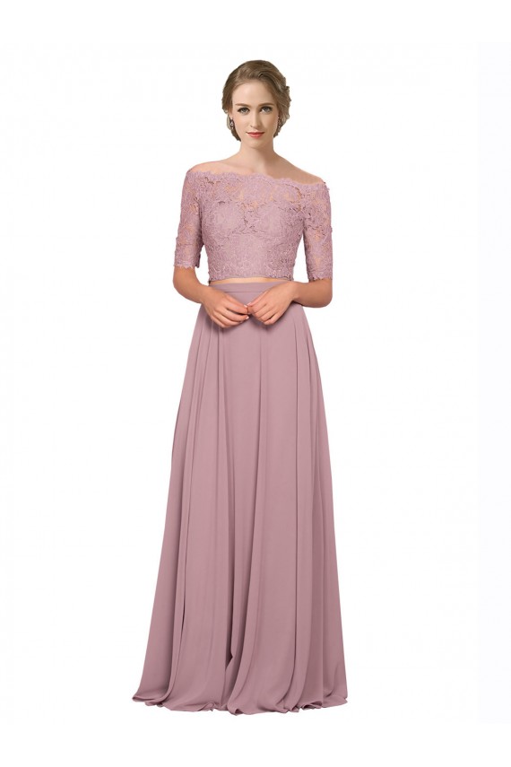 Off the Shoulder Lace Crop Top A-Line Chiffon Prom Dress UK Clearance