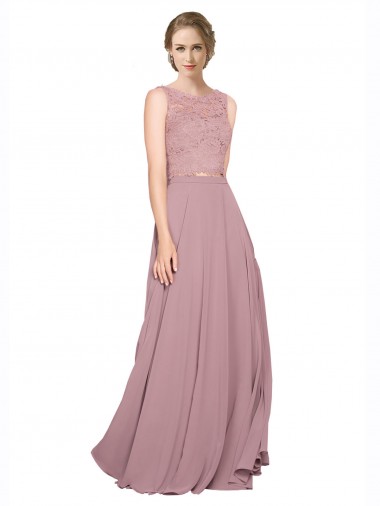 Long A-Line Chiffon Prom Dress with Sleeveless Lace Crop Top UK Clearance