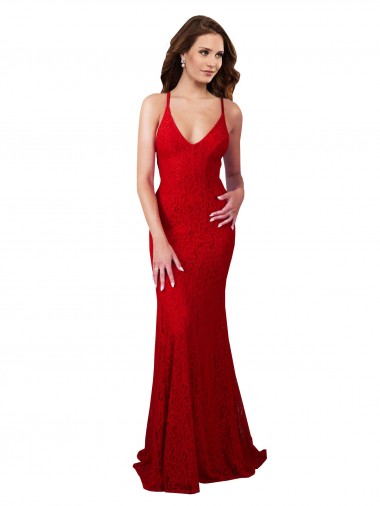 Low Back V-Neckline Floor Length Lace Prom Dress UK Clearance