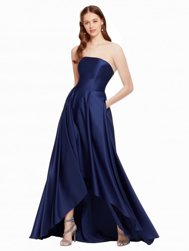 High Low Strapless Satin Prom Dress with Pockets UK Clearance