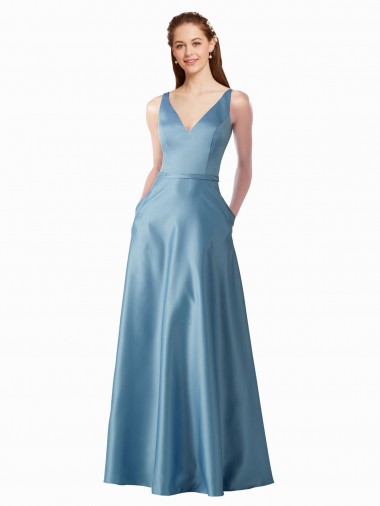 Classic Satin V-Neck A-Line Prom Dress with Pockets UK Clearance