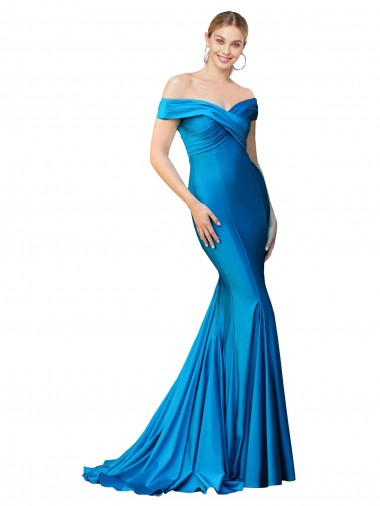 Off the Shoulder Long Chapel Train Satin Prom Dress UK Clearance