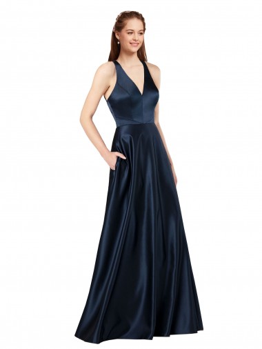 Long Satin Prom Dress with Halter Neckline UK Clearance