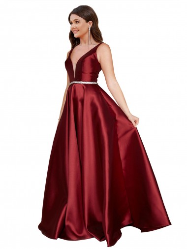 Sleeveless Deep V-Neck A-Line Satin Prom Dress with Pockets UK Clearance