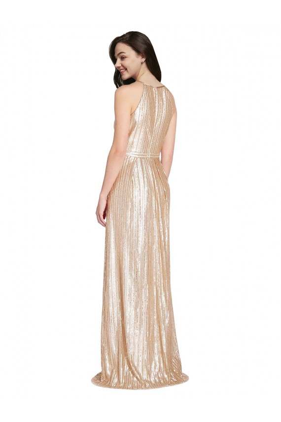 Floor Length Halter Neck Sparkling Sequin Prom Dress with Pleats UK Clearance