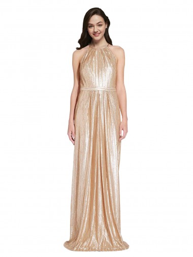 Floor Length Halter Neck Sparkling Sequin Prom Dress with Pleats UK Clearance