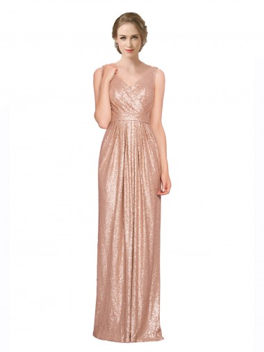 Draped V-Neck Striking Sheath Floor Length Sequin Prom Dress UK Clearance