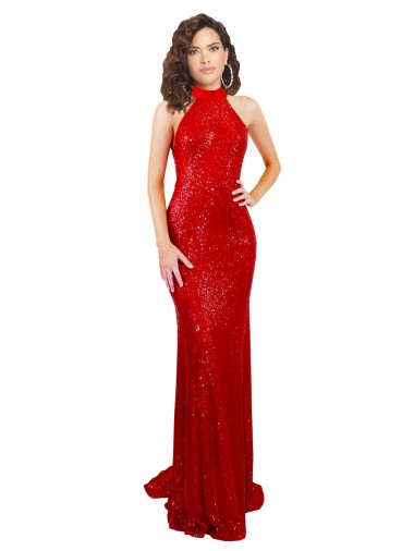 Halter High Neck Mermaid Open Back Sequin Prom Dress UK Clearance