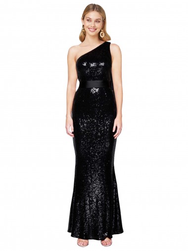 Draped One Shoulder Long Full Length Sequin Prom Dress UK Clearance