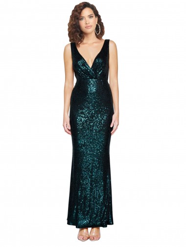 V-Neck Full Length Sequin Prom Dress with Draped Back UK Clearance