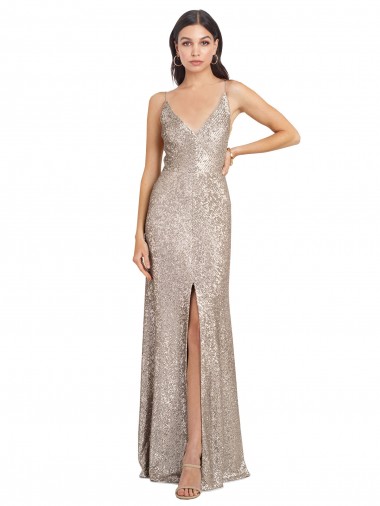 V-Neck Fully Sequin Prom Dress with V-Back and Front Slit UK Clearance