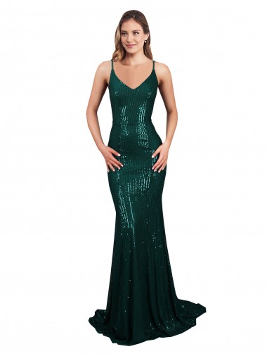 Fishtail Shaped V-Neck Open Back Long Sequin Prom Dress UK Clearance