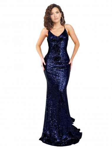 Mermaid V-Neck Low Back Long Sequin Prom Dress UK Clearance