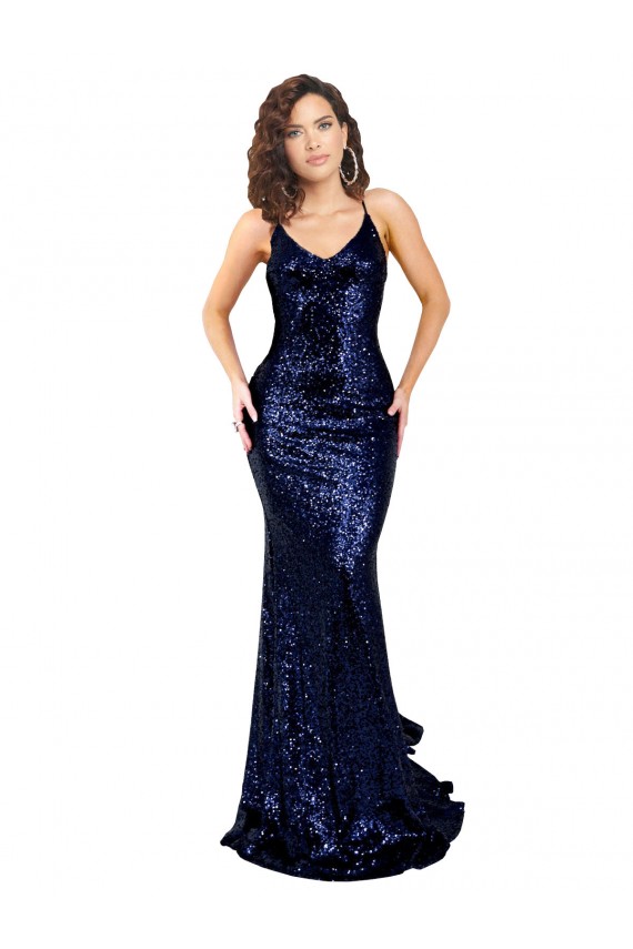 Mermaid V-Neck Low Back Long Sequin Prom Dress UK Clearance