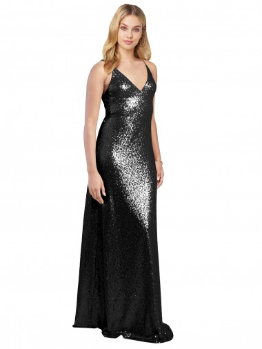 Full Length A-Line Sequin Prom Dress with Spaghetti Straps V-Neckline UK Clearance