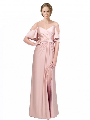 Draped Cold Shoulder Sleeves Long Silky Satin Prom Dress with Slit and Tie Back UK Clearance