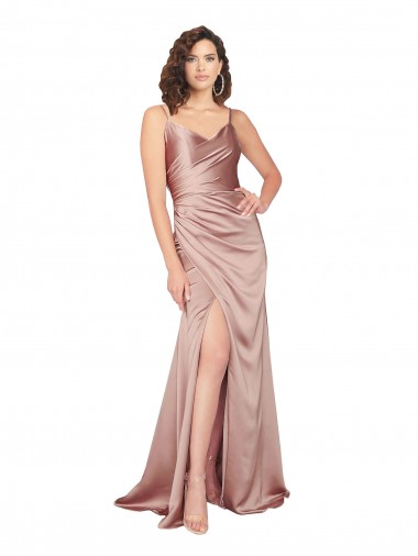 Floor Length Silky Satin Prom Dress with Front Skirt Slit UK Clearance