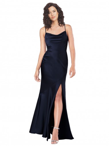 Draped Cowl Neck Silky Satin Prom Dress with Skirt Slit UK Clearance