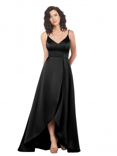 High Low V-Neckline Silky Satin Tulip Prom Dress with Wrap Skirt UK Clearance