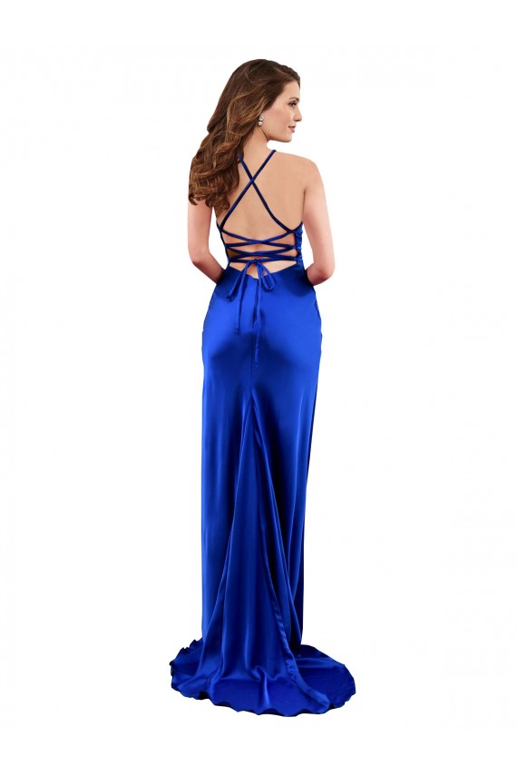 Open Back Cowl Neck Long Silky Satin Prom Dress UK Clearance