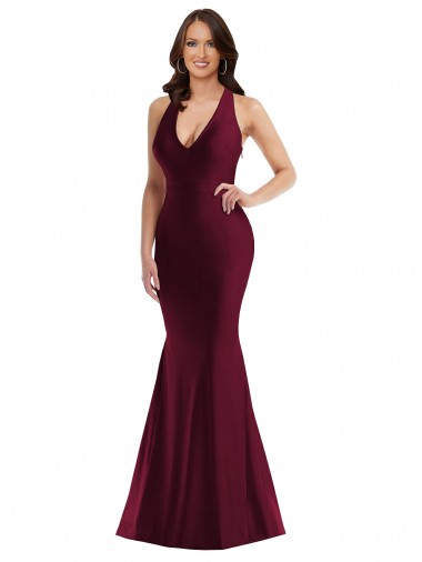 Plunge Neckline Cutout Low Back Silky Satin Mermaid Prom Dress UK Clearance