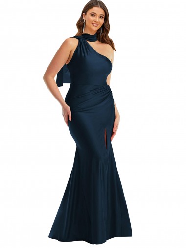 Scarf Neck One Shoulder Silky Satin Mermaid Prom Dress with Front Slit UK Clearance