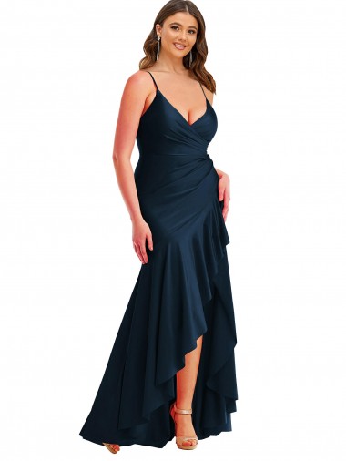 Pleated Wrap Ruffled High Low Silky Satin Prom Dress UK Clearance