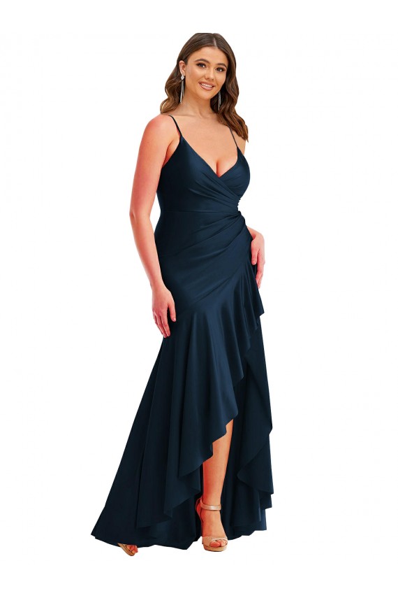 Pleated Wrap Ruffled High Low Silky Satin Prom Dress UK Clearance