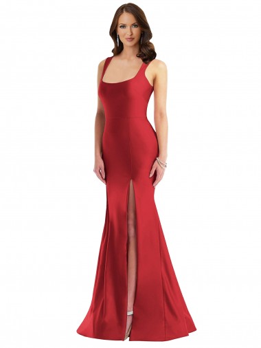 Square Neck Silky Satin Mermaid Prom Dress with Side Slit UK Clearance