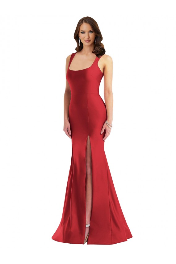 Square Neck Silky Satin Mermaid Prom Dress with Side Slit UK Clearance