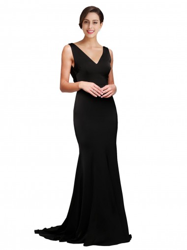 V-Neck Full Length Silky Satin Prom Dress with Soft Cowl Neck and Sweep Train UK Clearance