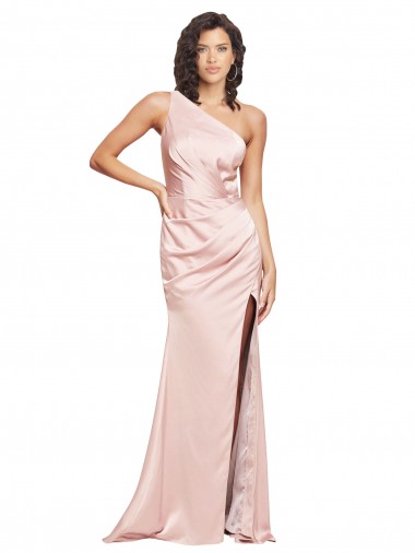 Full Length Ruched Silky Satin Prom Dress with Low Back and High Split UK Clearance