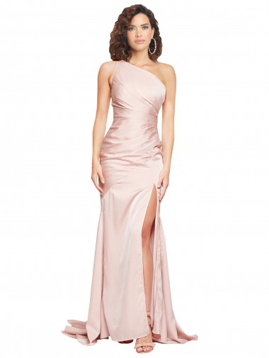 Full Length One Shoulder Long Silky Satin Prom Dress with High Split UK Clearance