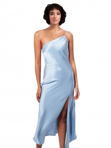 Midi Length Short Silky Satin Cocktail Prom Dress / Homecoming Dress with Asymmetric Neckline and High Side Split UK Clearance